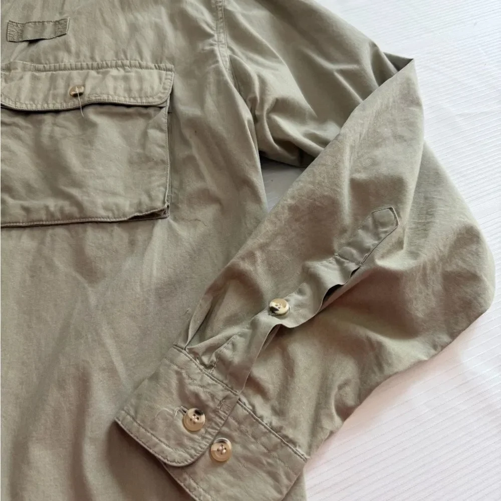 Orvis Men’s Khaki Cargo Vintage Camp Button Up Shirt Size Large
